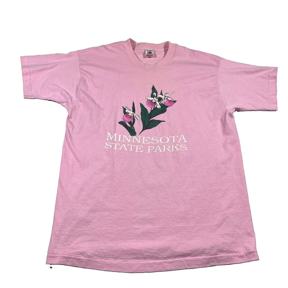 Vintage 90s Minnesota State Parks Lady Slipper Flower T Shirt Pink XL USA